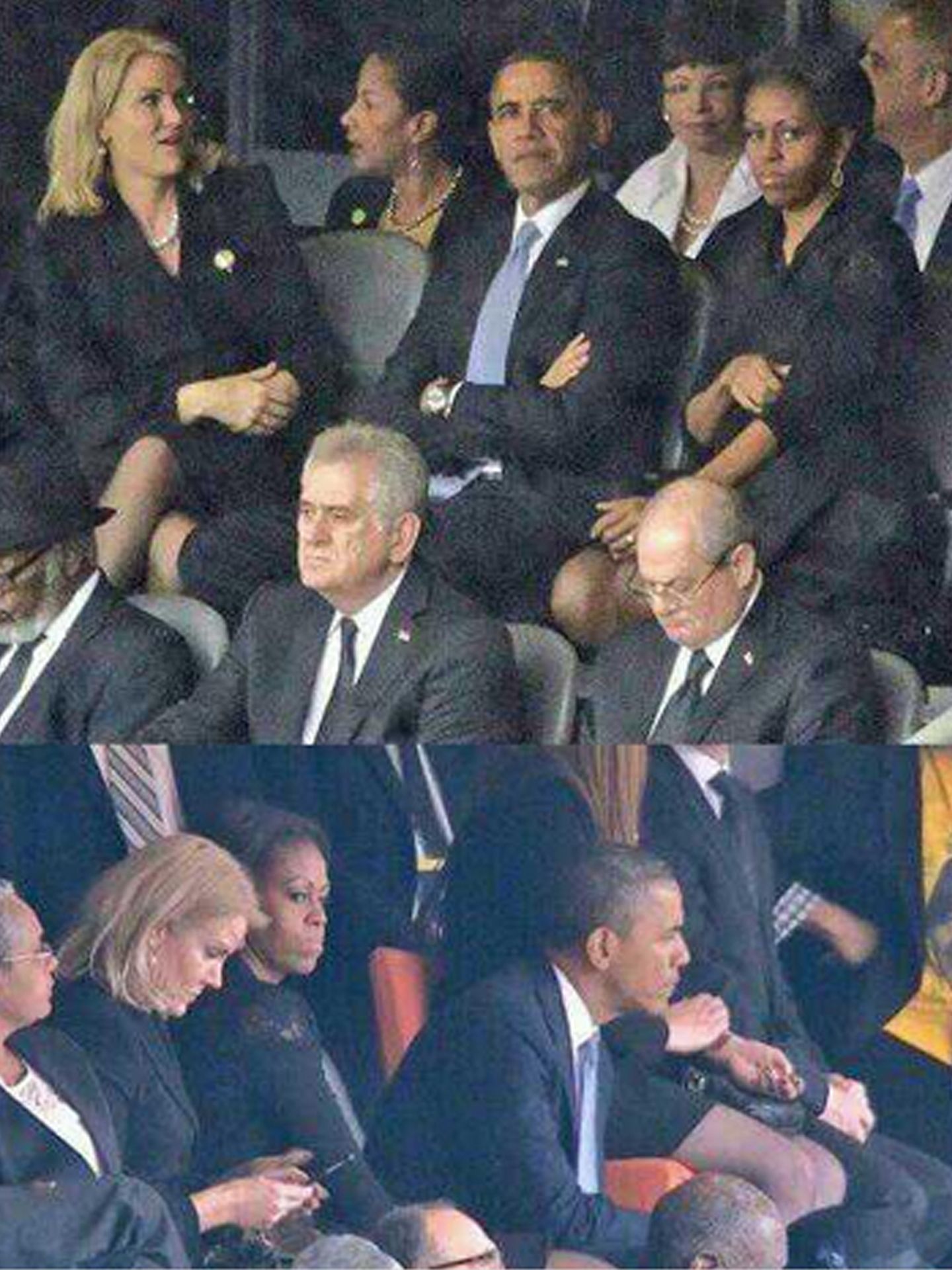 Una enojada Michelle Obama termina sentándose entre su marido y Helle Thorning-Schmidt.