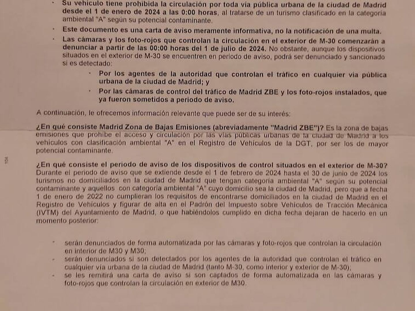 Contenido de la carta de aviso que está enviando el Ayuntamiento de Madrid a los conductores de vehículos que incumplen las normas fuera de la M-30, y que de momento no conlleva sanción