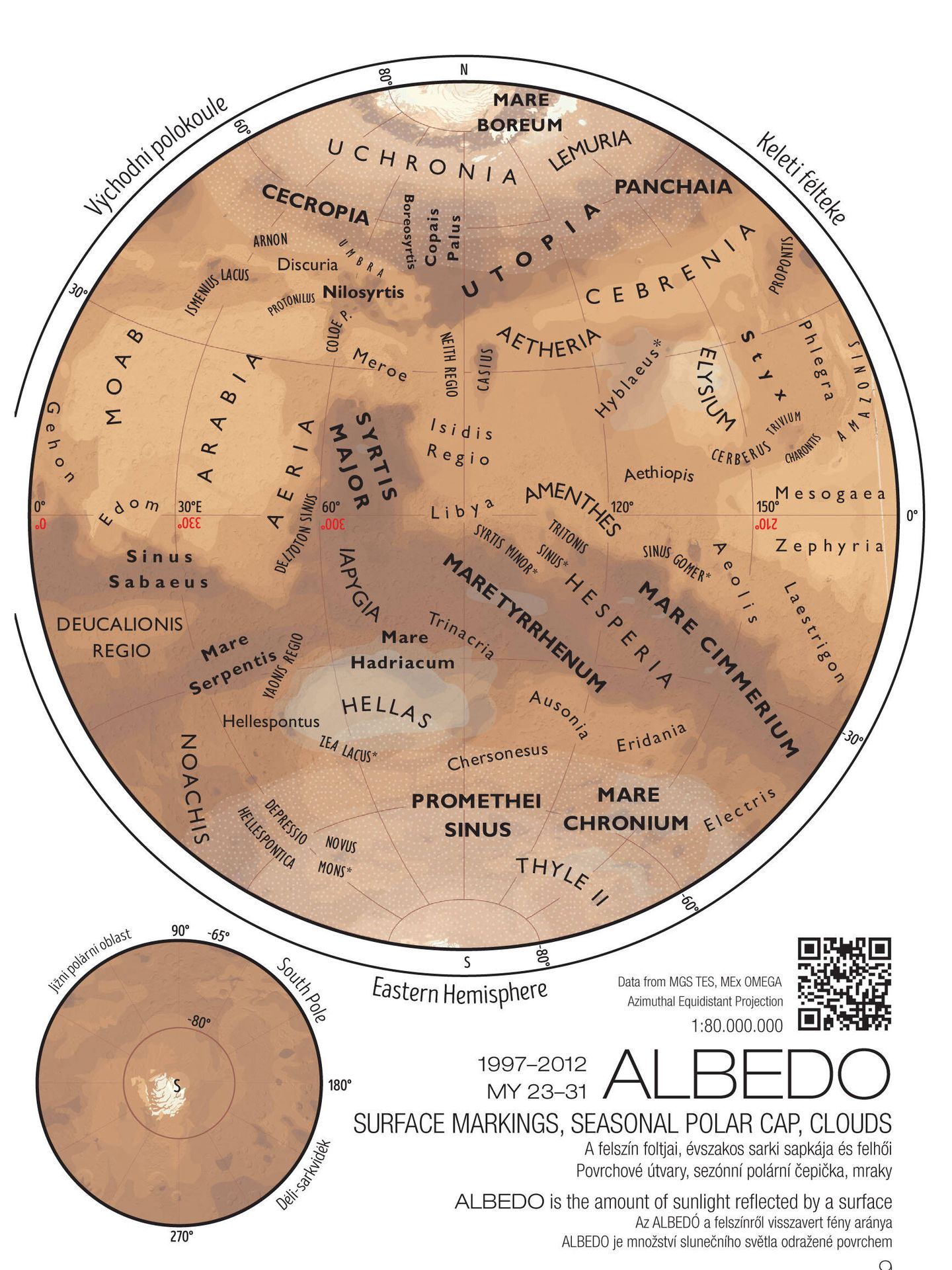 Mapa del albedo marciano, el índice de reflectividad del planeta (Europlanet Society)