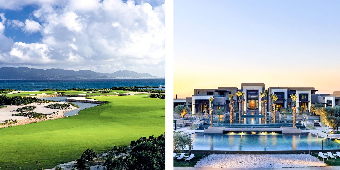 A la izquierda, Cuisinart Golf Resort & Spa, en Anguila, con un campo de 18 hoyos con la firma de Greg Norman. A la derecha, imagen de la piscina de agua caliente del Royal Palm, en Marrakech.