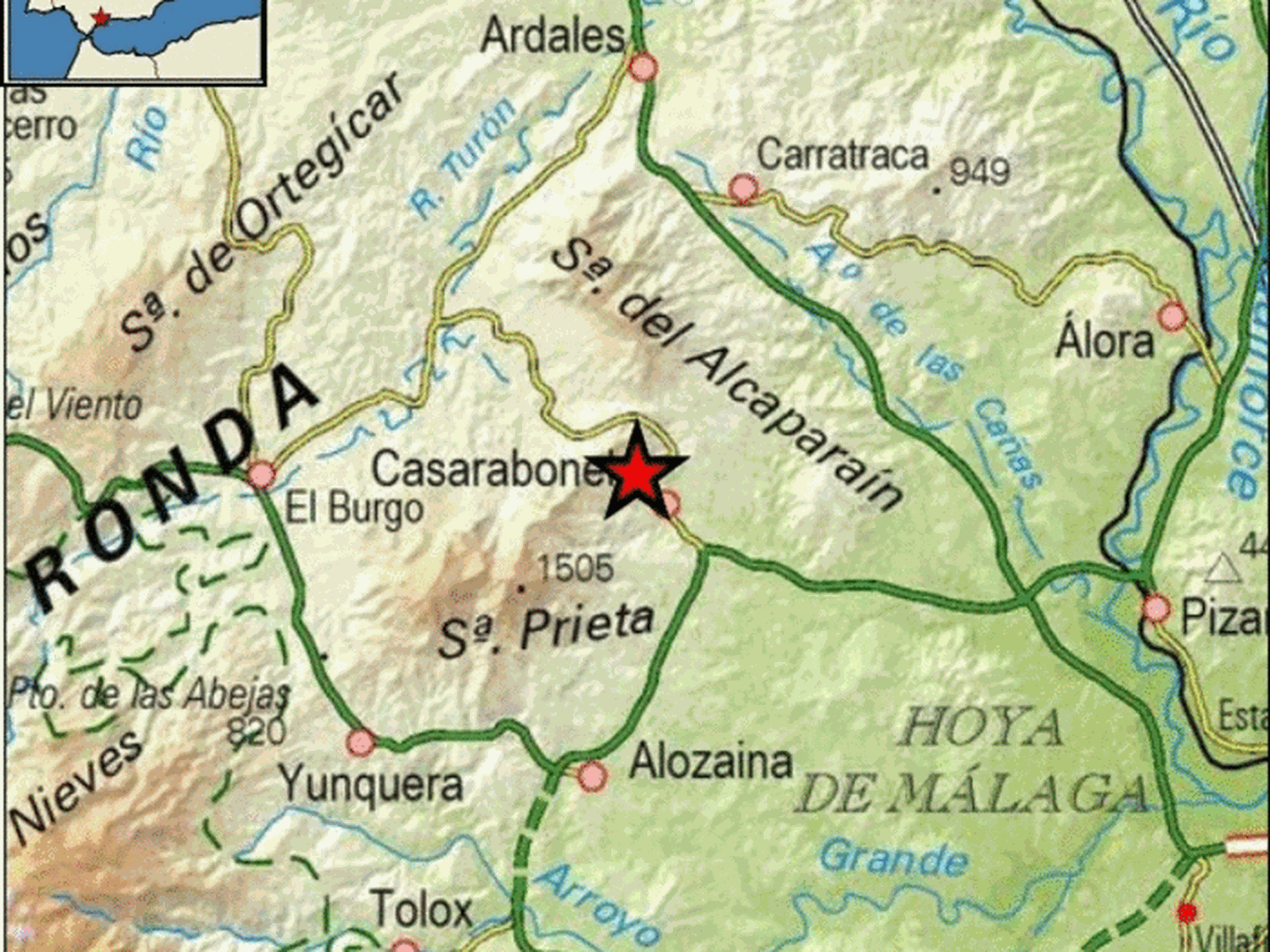 Epicentro del terremoto en las proximidades de Casarabonela. (IGN)