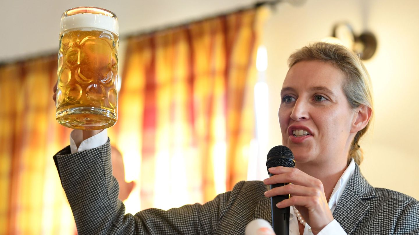 La líder de una facción de Alternativa para Alemania Alice Weidel brinda durante un mitin en Taufkirchen, Bavaria, el 13 de octubre de 2018. (Reuters)