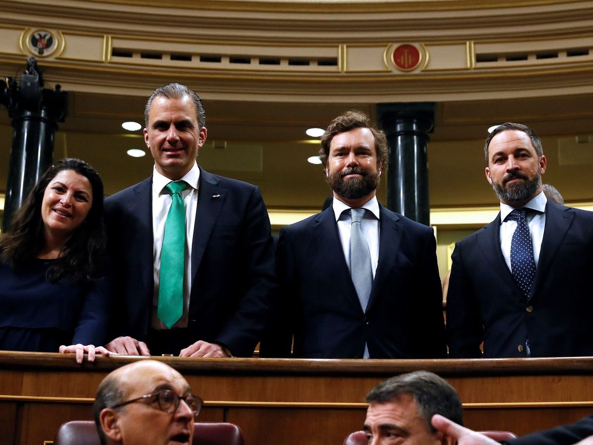 Foto: Los diputados de Vox Javier Ortega Smith, Ivan Espinosa de los Monteros y Santiago Abascal, en los escaños del Congreso. (EFE)