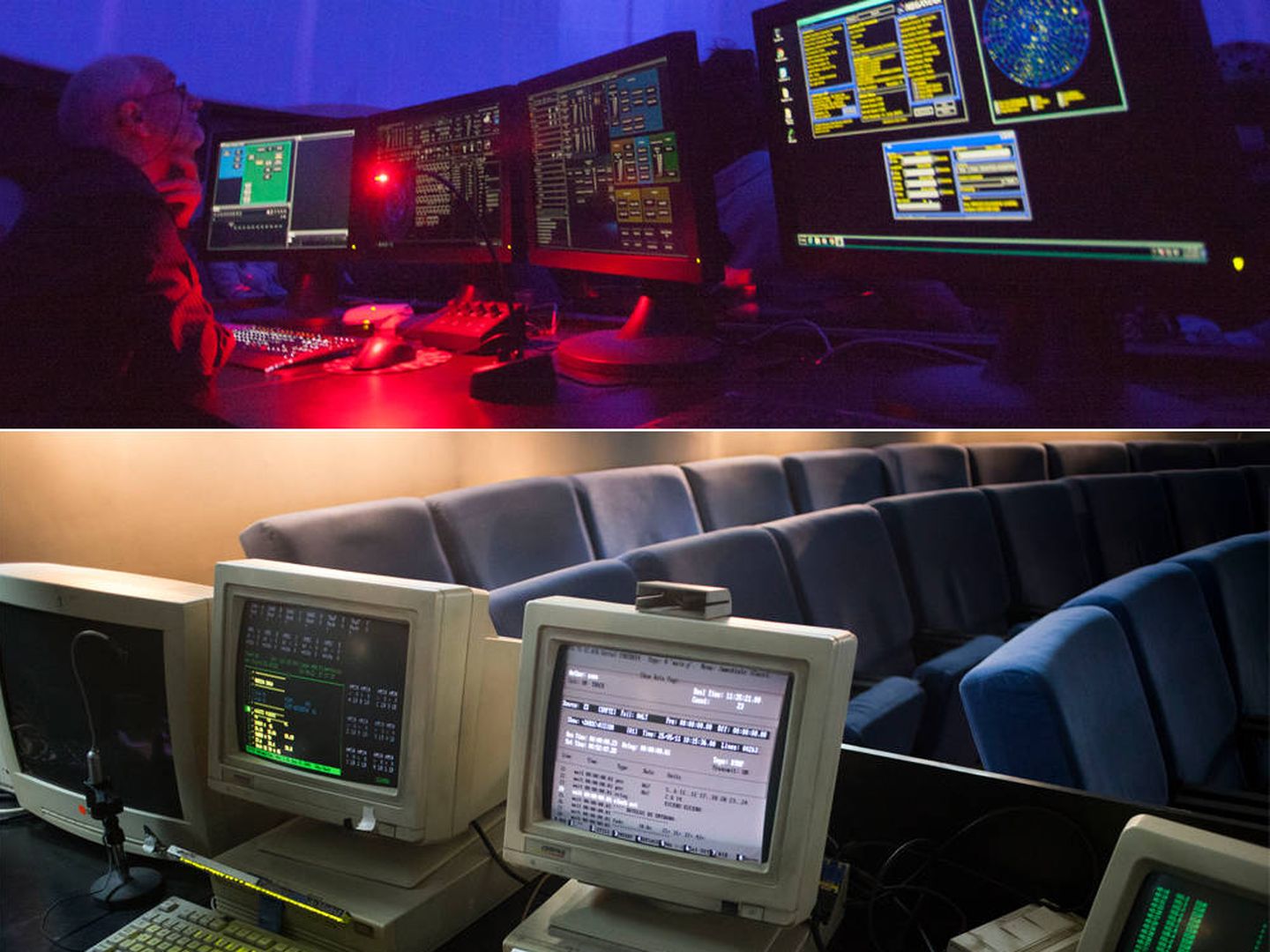 El nuevo ordenador tras la reforma del Planetario (arriba). Abajo, los antiguos ordenadores que controlaban la proyección. (Enrique Villarino)