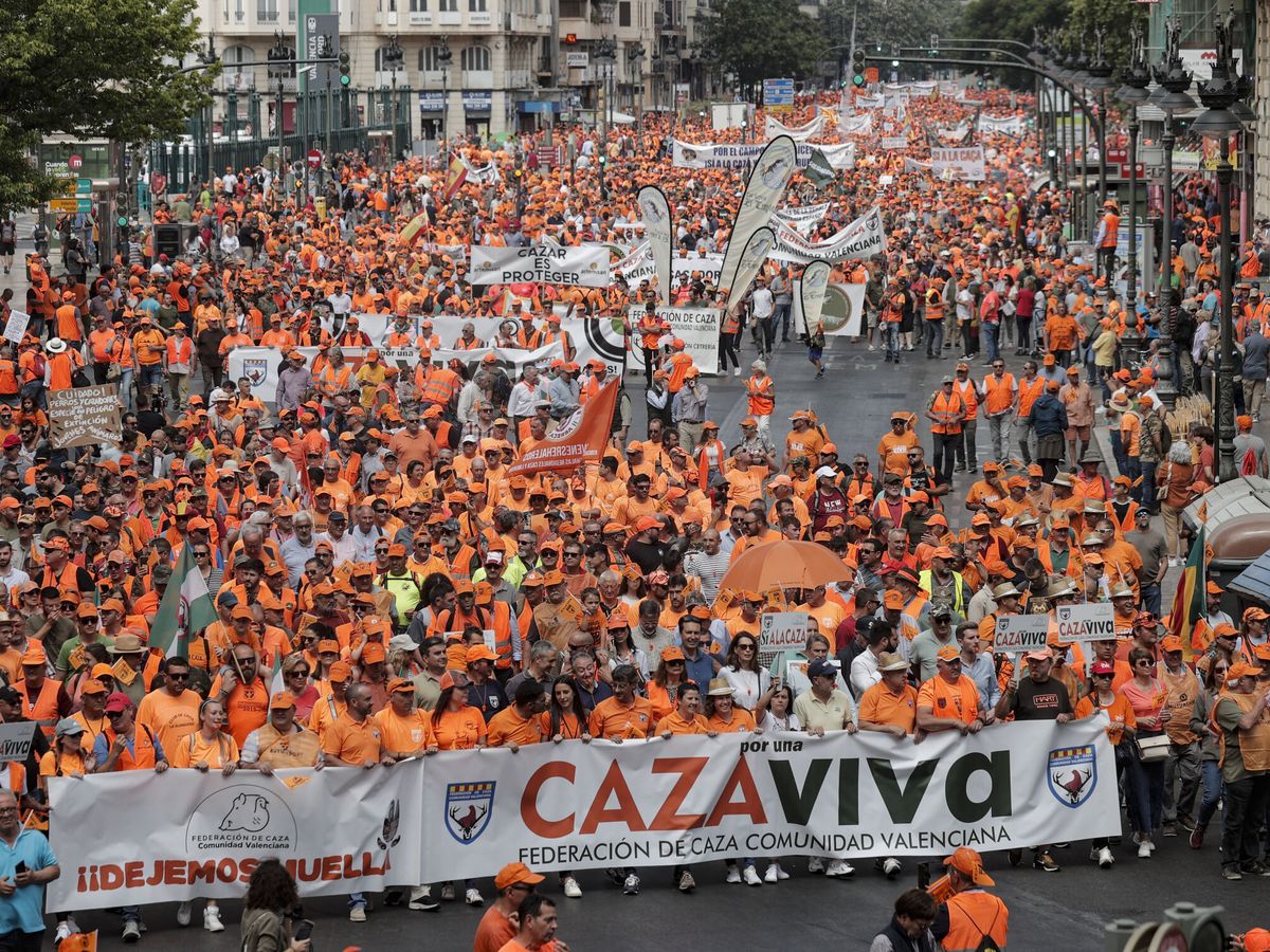 Foto: Miles de personas participan en la manifestación en favor de la caza en Valencia. (EFE/Manuel Bruque)