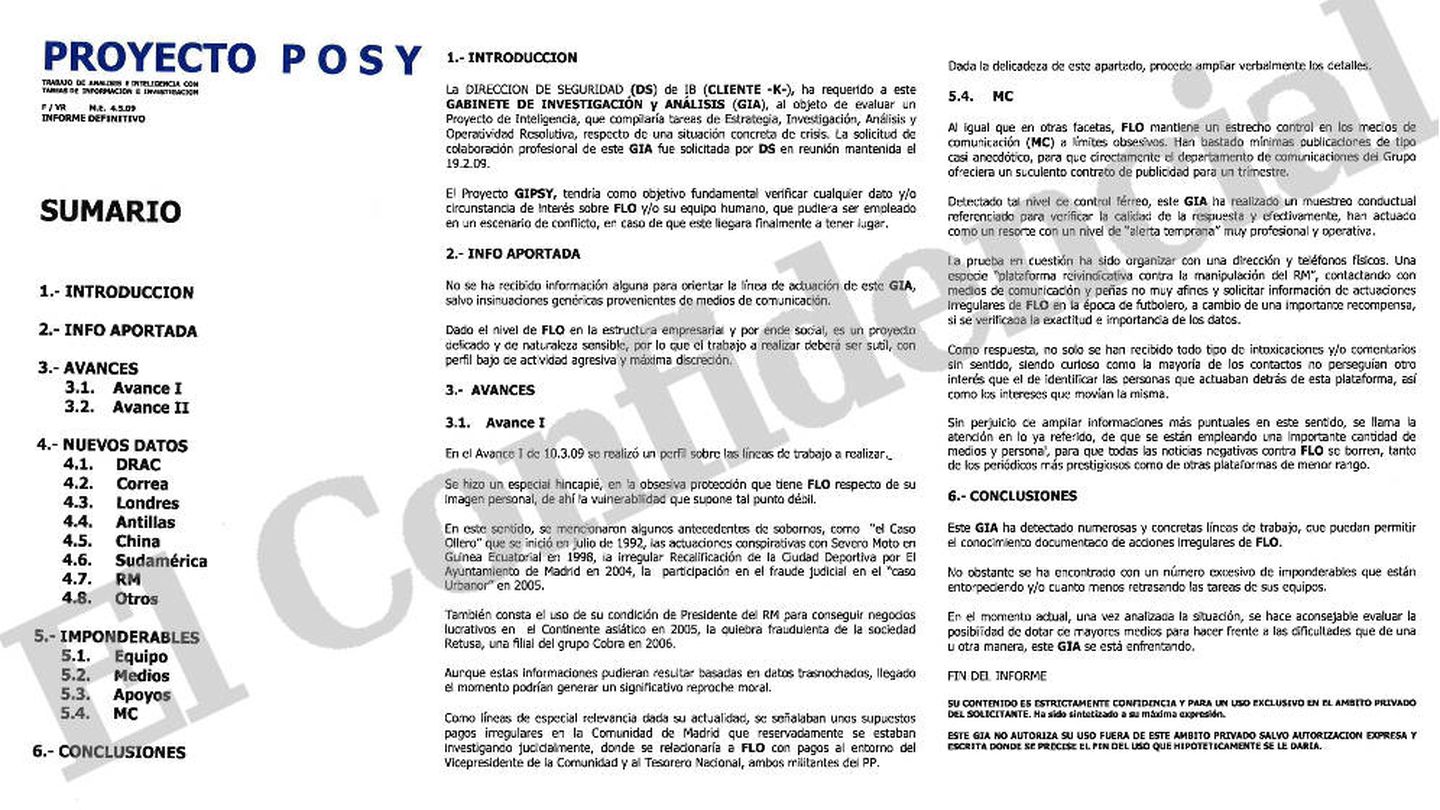 Fragmento del informe del proyecto Posy que Villarejo entregó al directivo de Iberdrola en la reunión del 6 de mayo de 2009. [Pinche aquí para ver el documento]