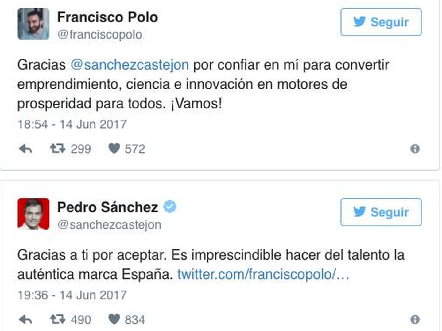 Intercambio de felicitaciones entre Polo y Sánchez. (Twitter)