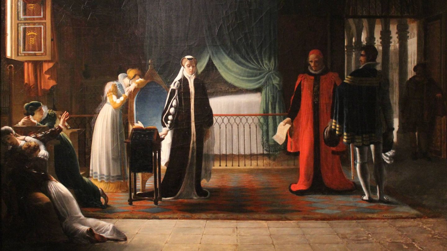 Marie Stuart, reina de Escocia, recibe la sentencia de muerte recién ratificada por el Parlamento (1809), por Jean-Baptiste Vermay. Fuente: Wikipedia.