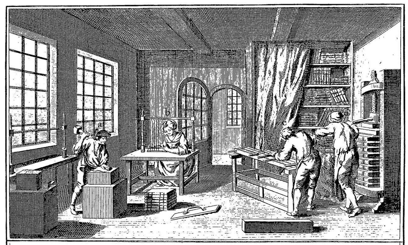 Grabado de un taller de impresión publicado en la 'Enciclopedia' de Diderot (s. XVIII)