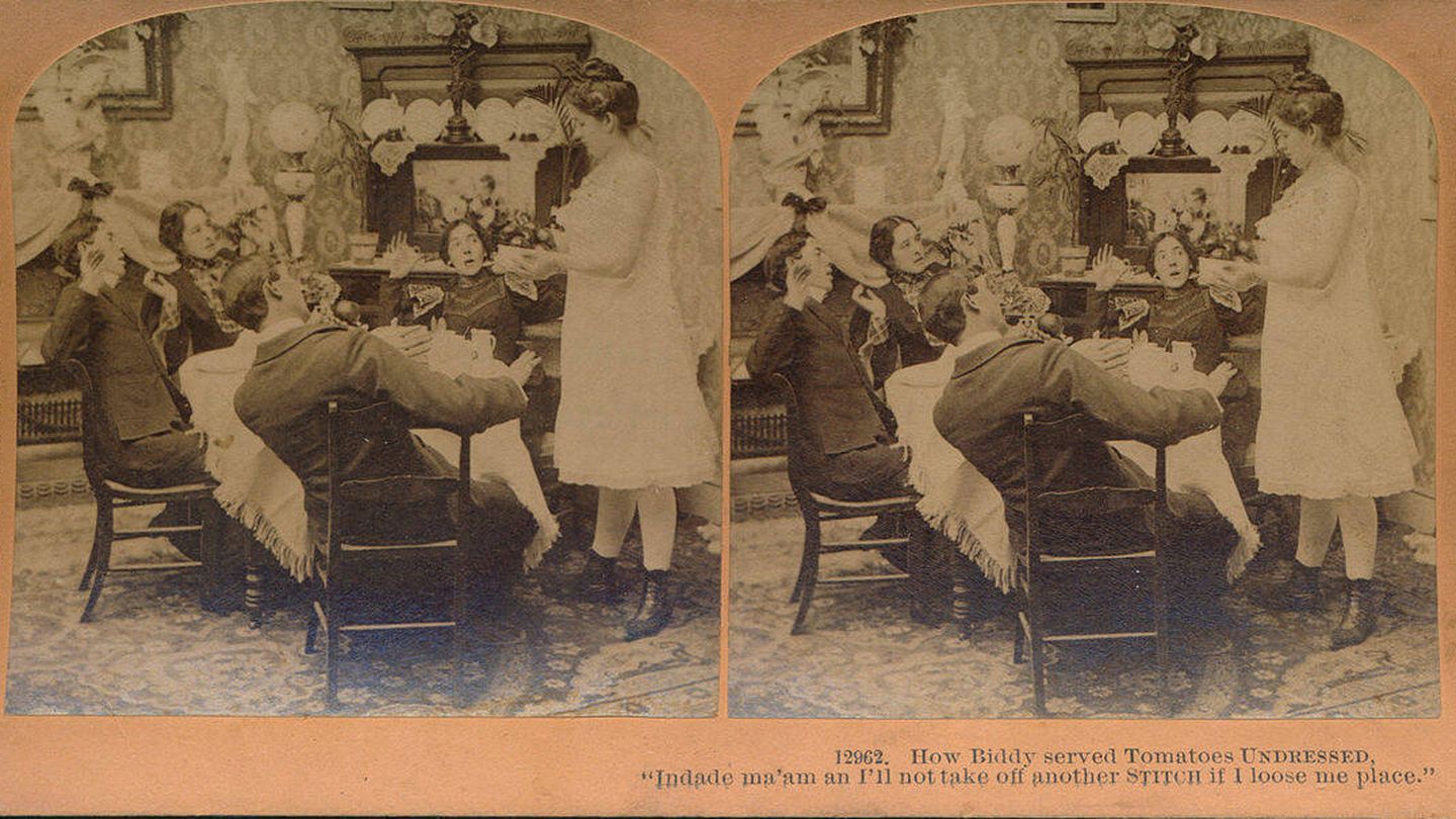 Imagen titulada 'Cómo Bitty sirvió sopa de tomate sin vestir', por Benjamín W. Kilburn en 1897. Fuente: Wikimedia.