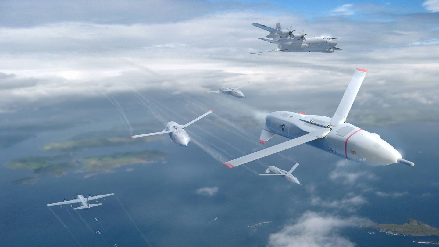 Un enjambre de drones y bombas inteligentes lanzadas desde un avión de transporte.