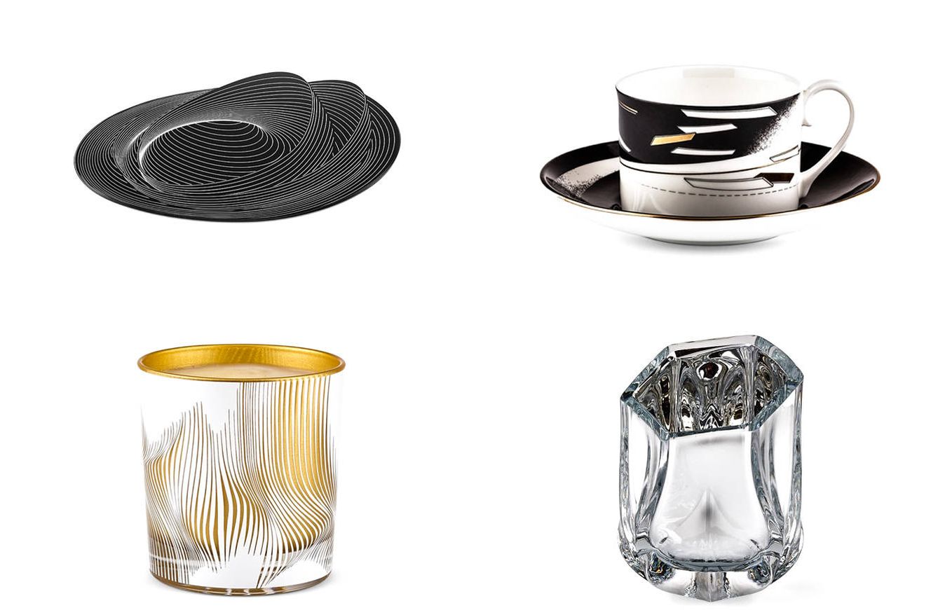 De izquierda a derecha y de arriba abajo, Black 'Contour' Placemats (95 €), 'Beam' Tea Cup And Saucer (145 €), Solis - 'Corona' Glass Candle (72 €) y 'Shimmer' Silver Tea Light (56 €).