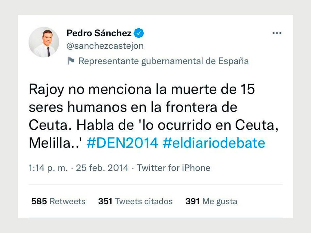 Foto: Comentario de Sánchez en Twitter criticando la reacción de Rajoy a la muerte de 15 migrantes en Ceuta.