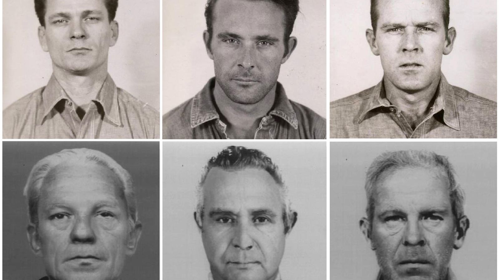 Foto: Arriba, las fotos de los presos huidos: Frank Morris, Clarence Anglis y John Anglis. Abajo, su supuesto rostro con el paso de los años (Reuters)