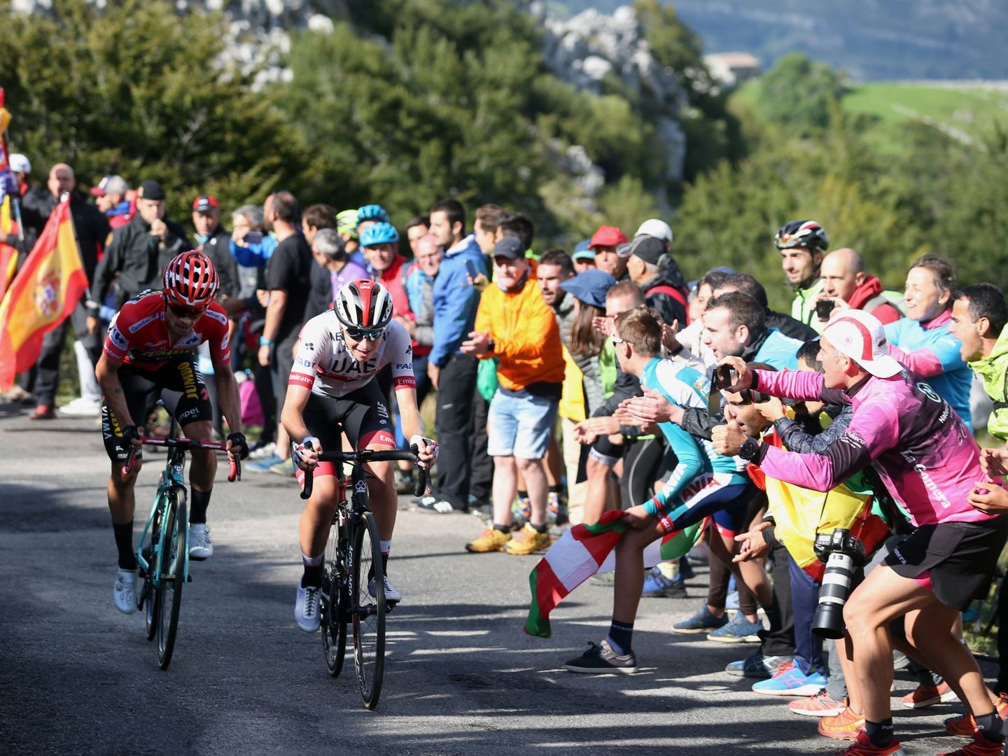 Pogacar, con maillot blanco, es otro de los grandes llamativos de la Vuelta. (EFE)