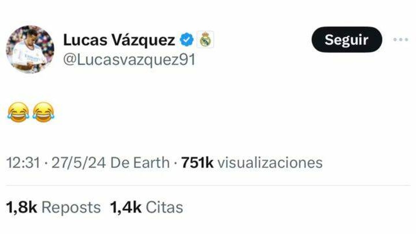 Reacción de Lucas Vázquez a la prelista de jugadores de Luis de la Fuente para la Eurocopa 2024 (X: @Lucascazquez91) 