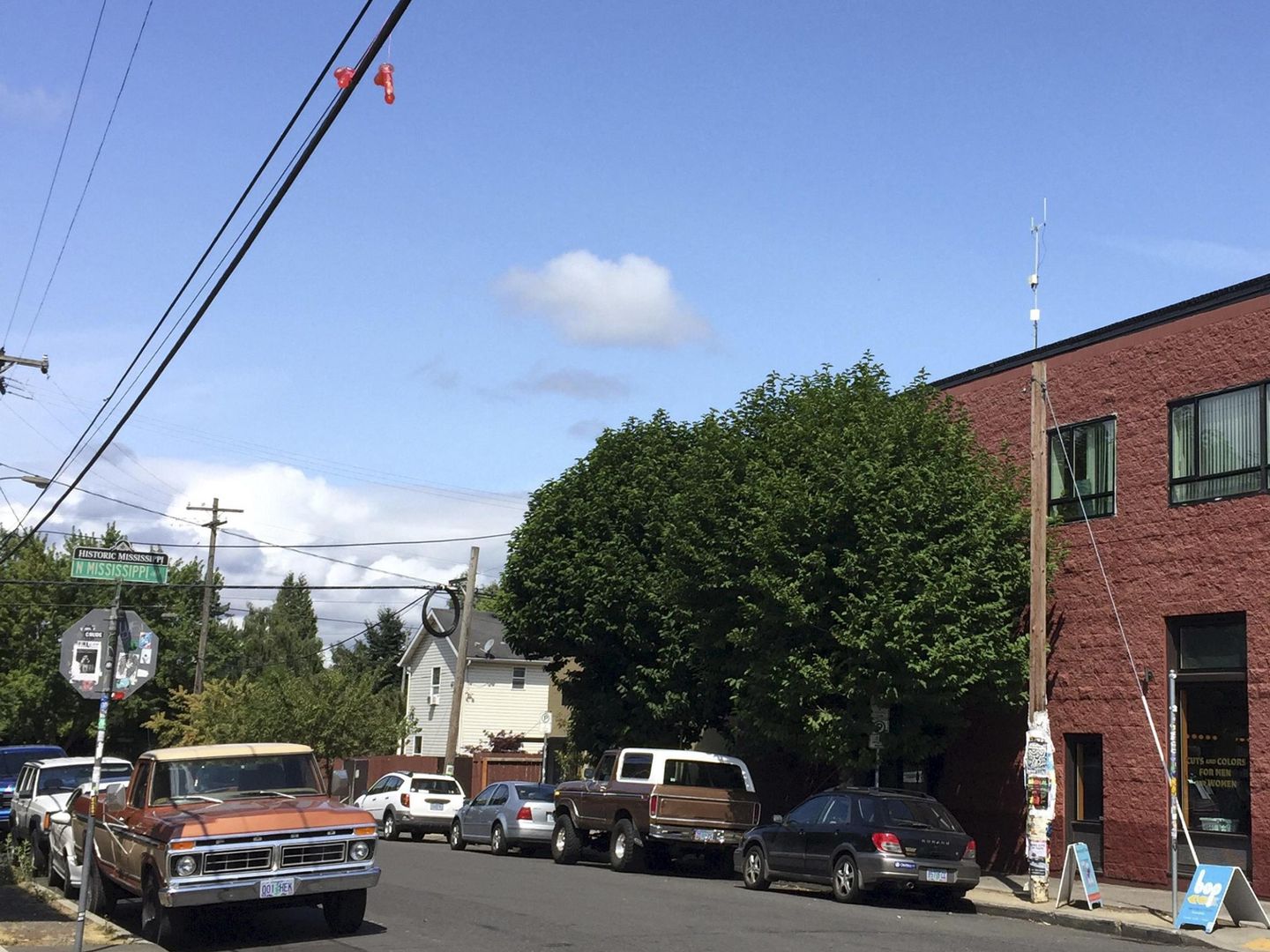 Una calle de Portland. En la parte superior, un par de juguetes sexuales cuelgan de los cables de tensión. En 2015, cientos de dildos aparecieron de esa guisa en toda la ciudad. (Reuters)