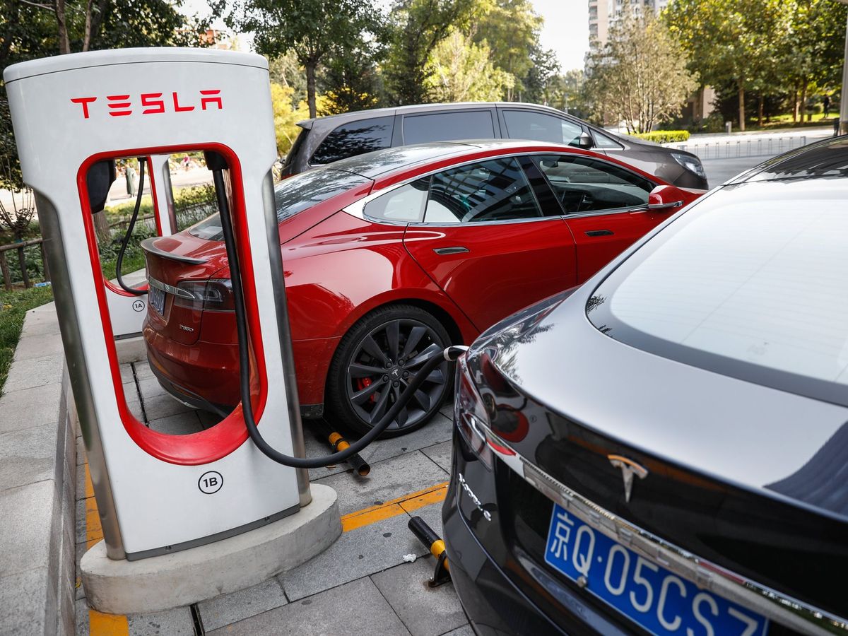 Foto: Varios vehículos eléctricos Tesla cargan sus baterías. (EFE/Roman Pilipey)