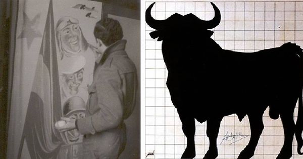 Foto: Manolo Prieto, trabajando en una publicación republicana, y un boceto del Toro de Osborne. (Fundación Manolo Prieto)
