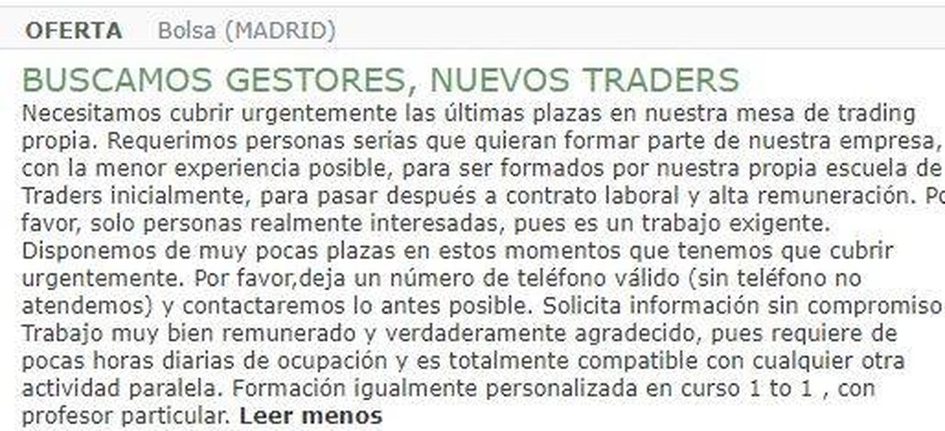 Oferta de trabajo para 'traders'. (milanuncios.com)