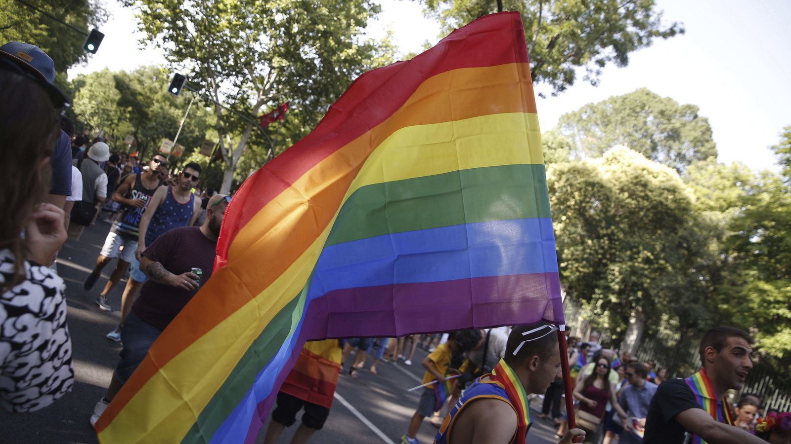 Foto: Un participante porta la bandera del Orgullo Gay en el recorrido por las calles de Madrid con el lema 'Leyes por la igualdad real ¡Ya!'. (Efe) 
