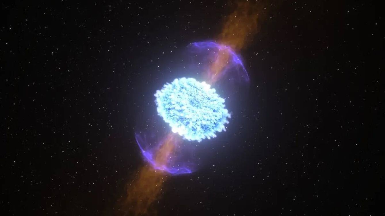 Foto: La explosión que se produce tras la fusión de dos estrellas de neutrones se conoce como kilonova. (NASA/CI Lab)