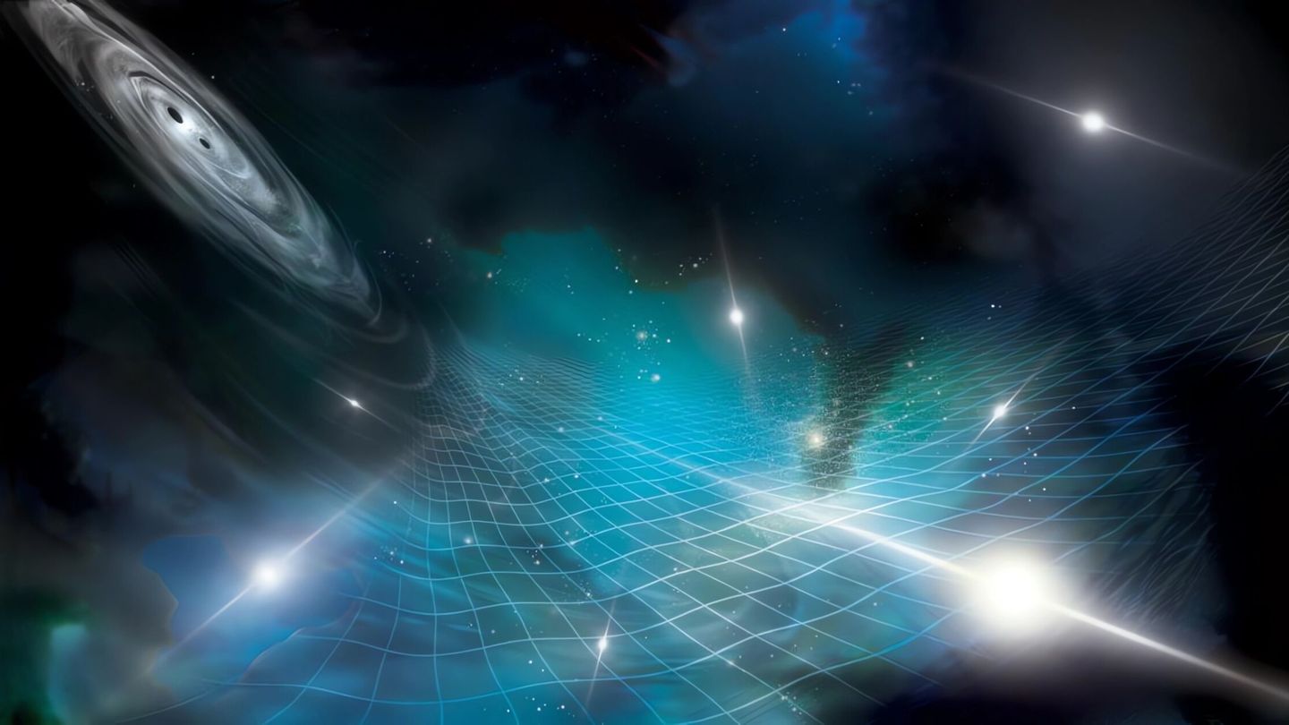 Una ilustración de las ondas gravitacionales afectando a los púlsares del experimento NANOGrav.