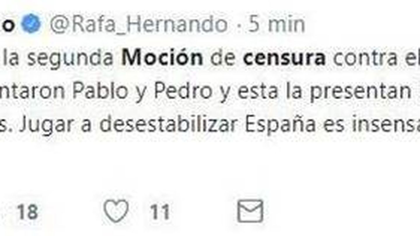 Tuit de Rafael Hernando, que después ha eliminado, sobre la moción de censura