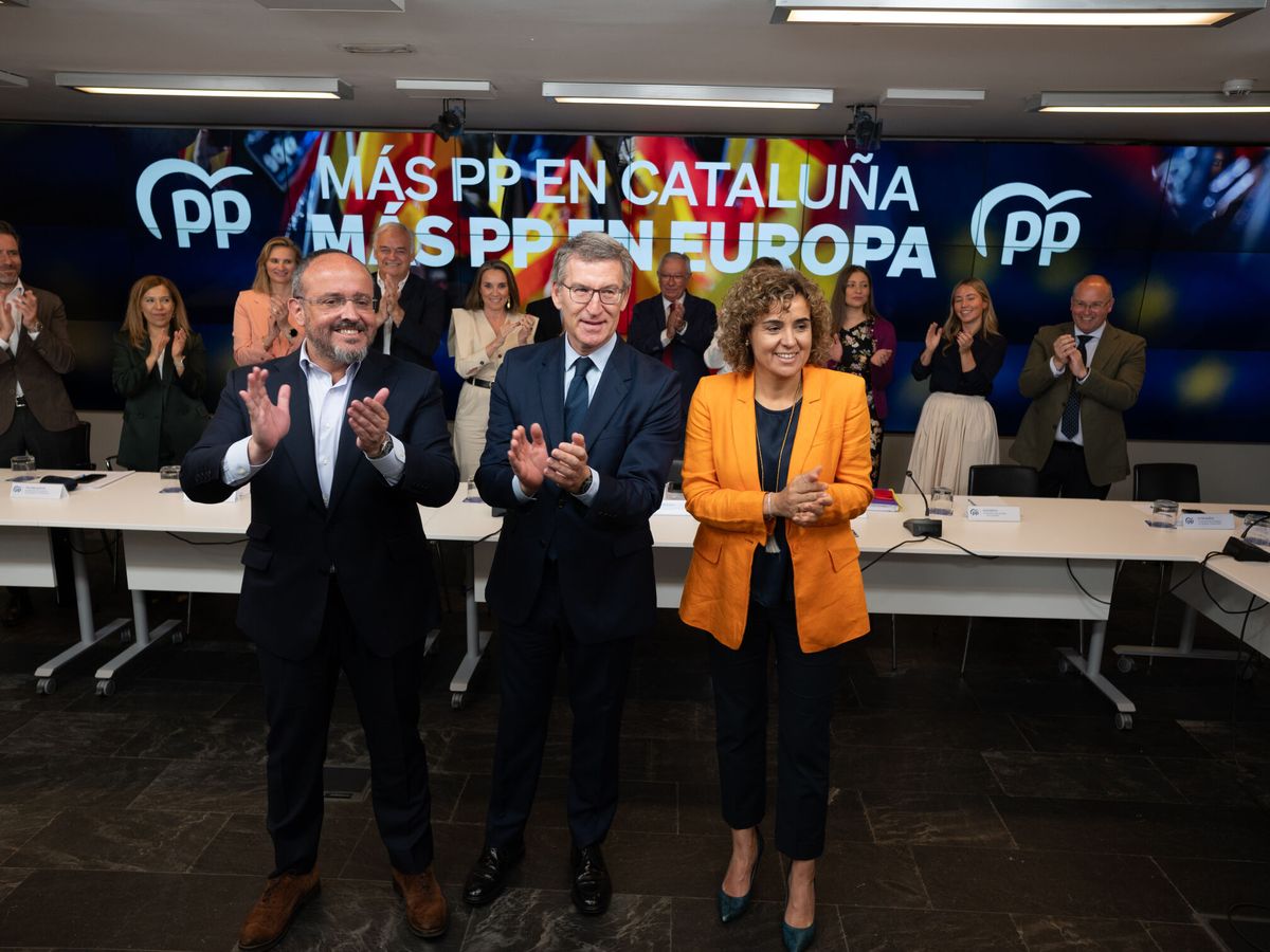 Foto: El líder del PP, Alberto Núñez Feijóo (c), junto al presidente del PP de Cataluña, Alejandro Fernmández (i), y la candidata a las elecciones europeas, Dolors Montserrat (d). EFE / Fernando Villar