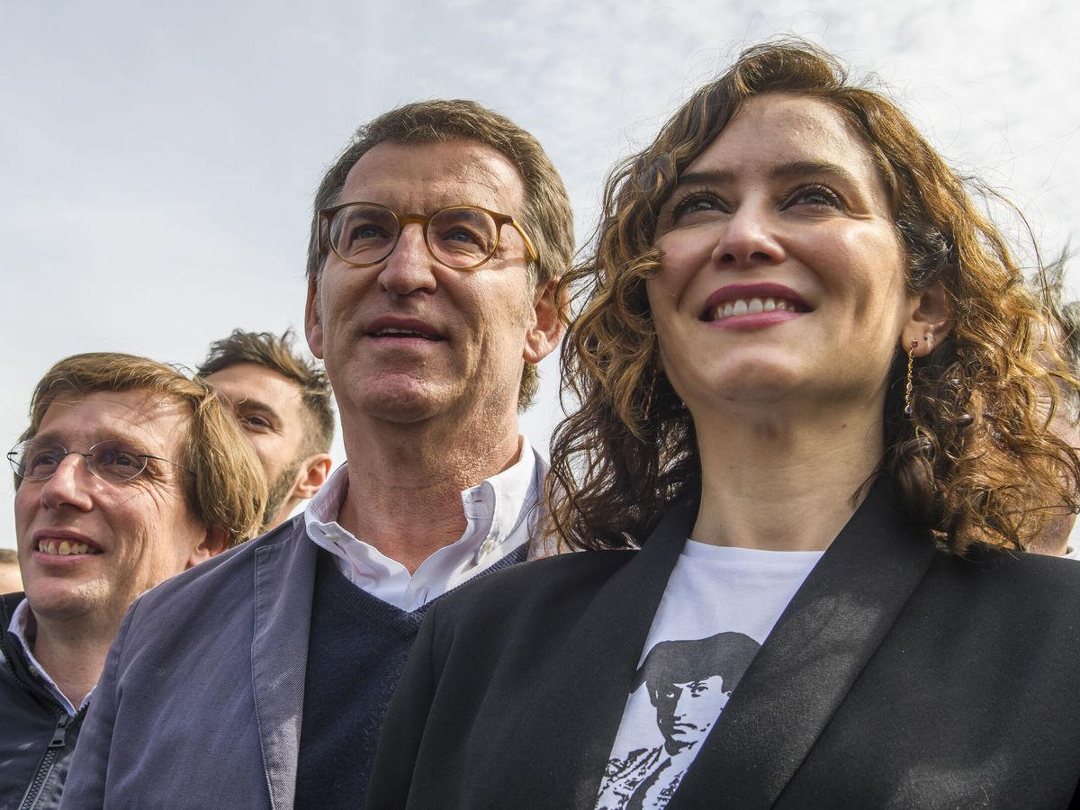 Foto: El líder del PP, Alberto Núñez Feijóo (c); y la presidenta de la Comunidad de Madrid, Isabel Díaz Ayuso (d). (EFE/Raúl Caro)