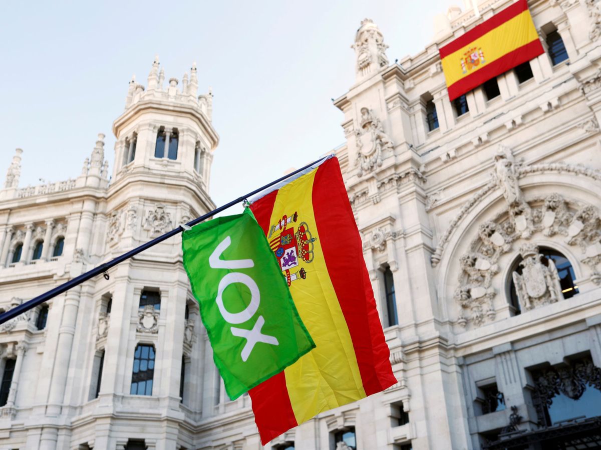 Foto: Una bandera de España y otra de Vox, durante una protesta contra el nuevo Gobierno, el pasado 12 de enero en la plaza de Cibeles de Madrid. (Reuters)