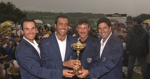 Foto: Garrido, Ballesteros, Jiménez y Olazabal en la Ryder del 97. (Getty Images y RC Valderrama)