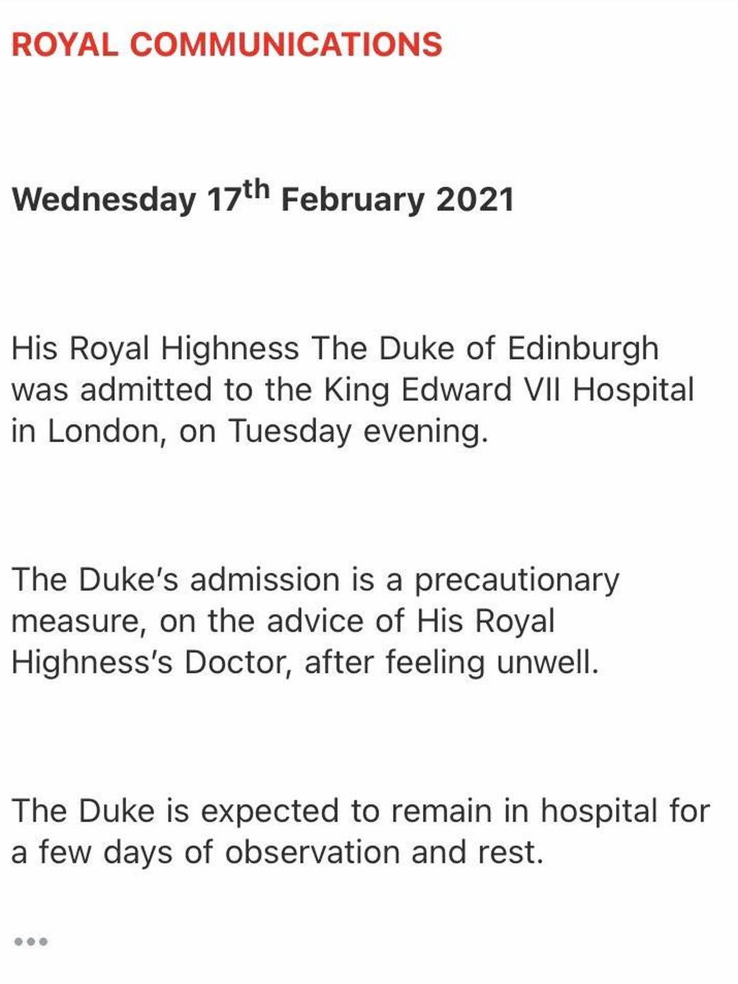 La información facilitada por el Palacio de Buckingham.