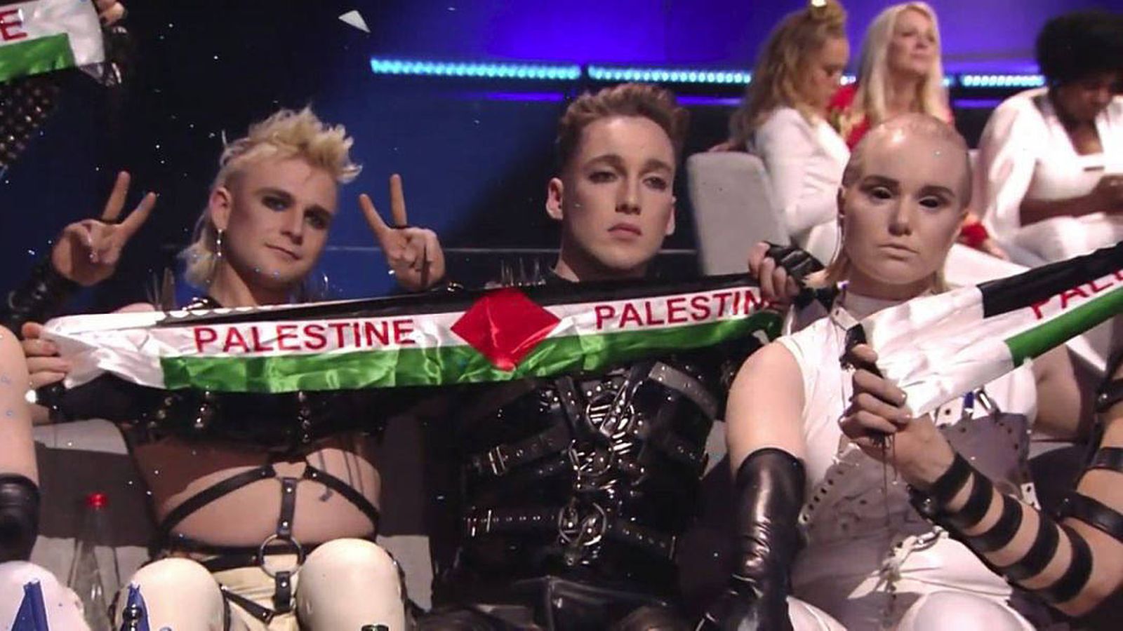 Hatari, los representantes de Islandia en 'Eurovisión 2019' sacaron una bandera palestina durante las votaciones. (RTVE)