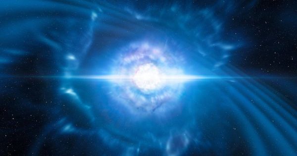 Foto: Ilustración artística de la explosión de una kilonova emitiendo ondas gravitacionales y luz. (ESO)