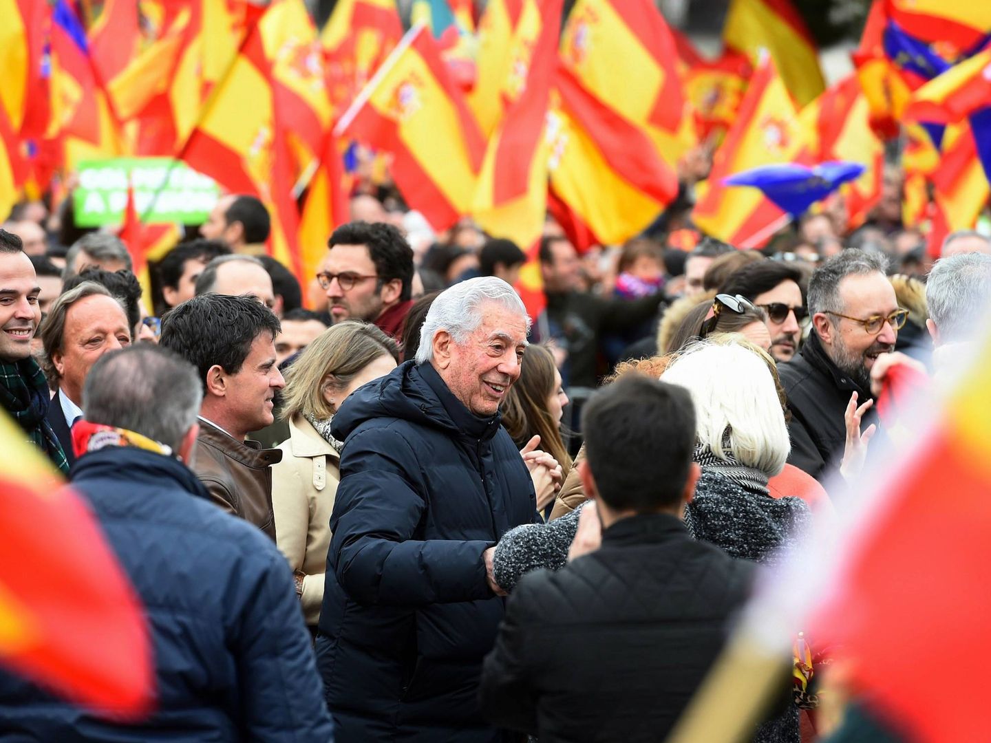 Vargas Llosa, en la concentración en la plaza de Colón de Madrid. (EFE)