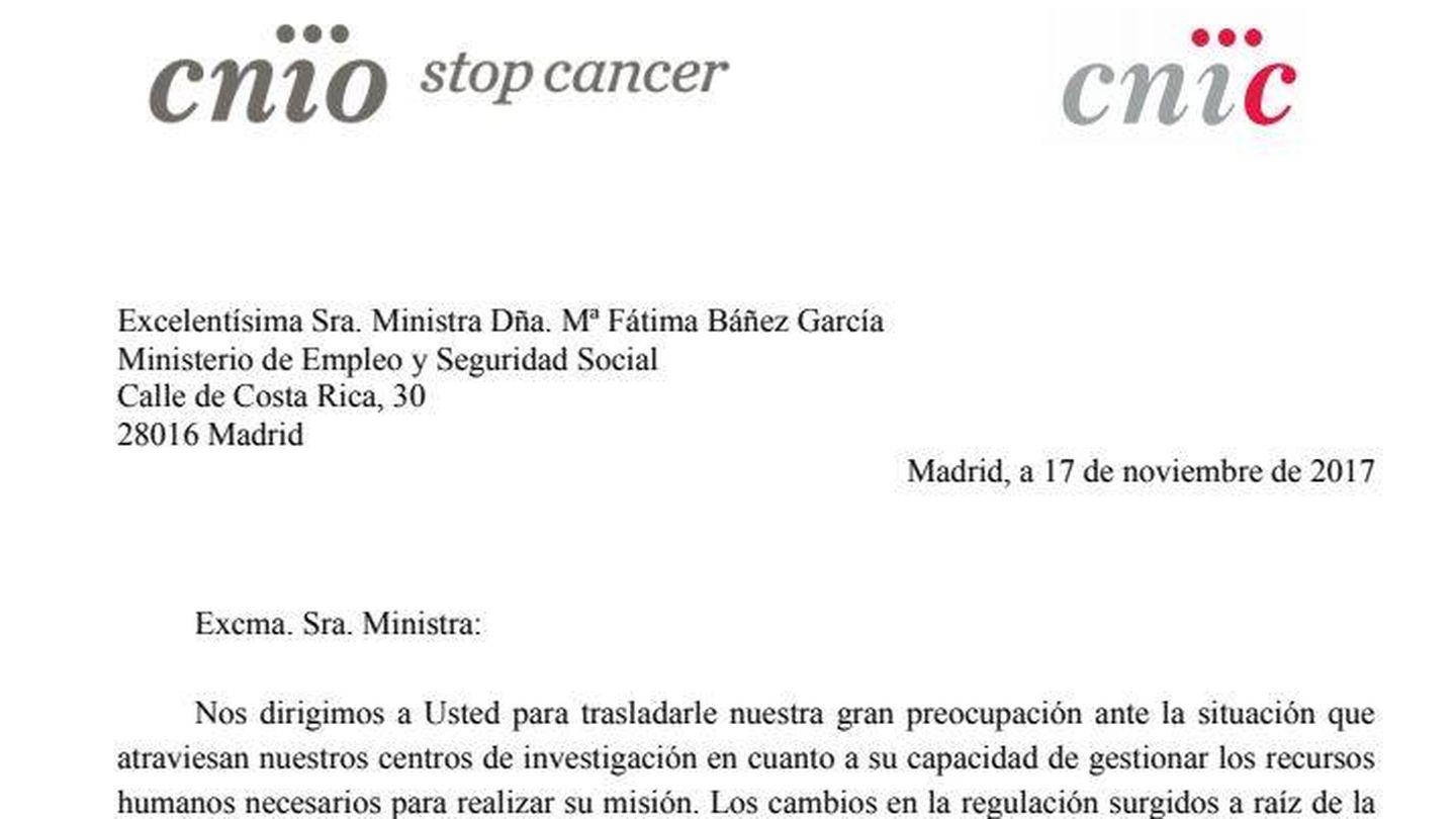 Carta remitida a altos cargos del Gobierno por los científicos de CNIO y CNIC.