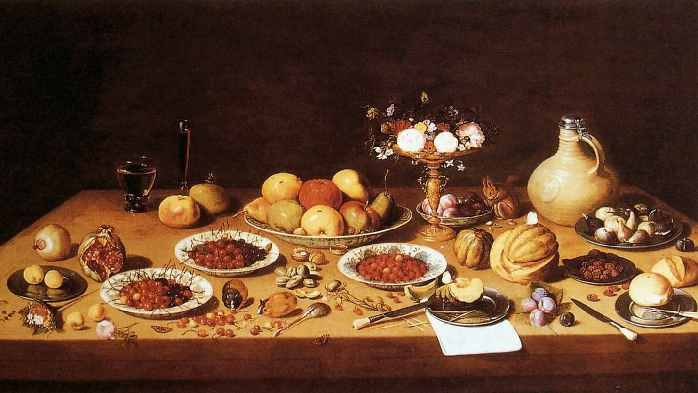Bodegón sobre una mesa con frutas y flores, por Jan van Kessel el Viejo a finales del siglo XVII. (Wikimedia)