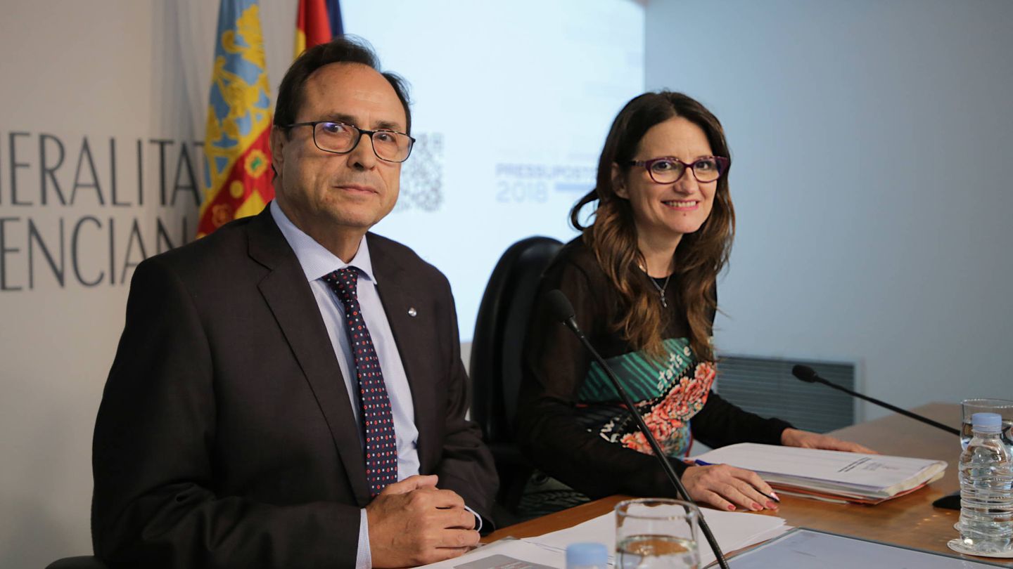 Vicent Soler y Mónica Oltra, en la rueda de prensa de presentación de presupuestos. (GVA)