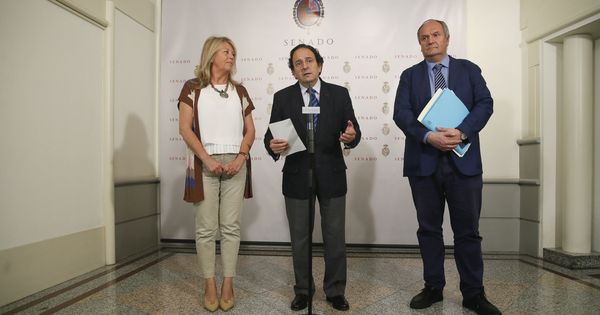 Foto: El portavoz del PP en la comisión, Luis Aznar, junto a la senadora Ángeles Muñoz Oriol y el senador Francisco Javier Fernández González. (EFE)