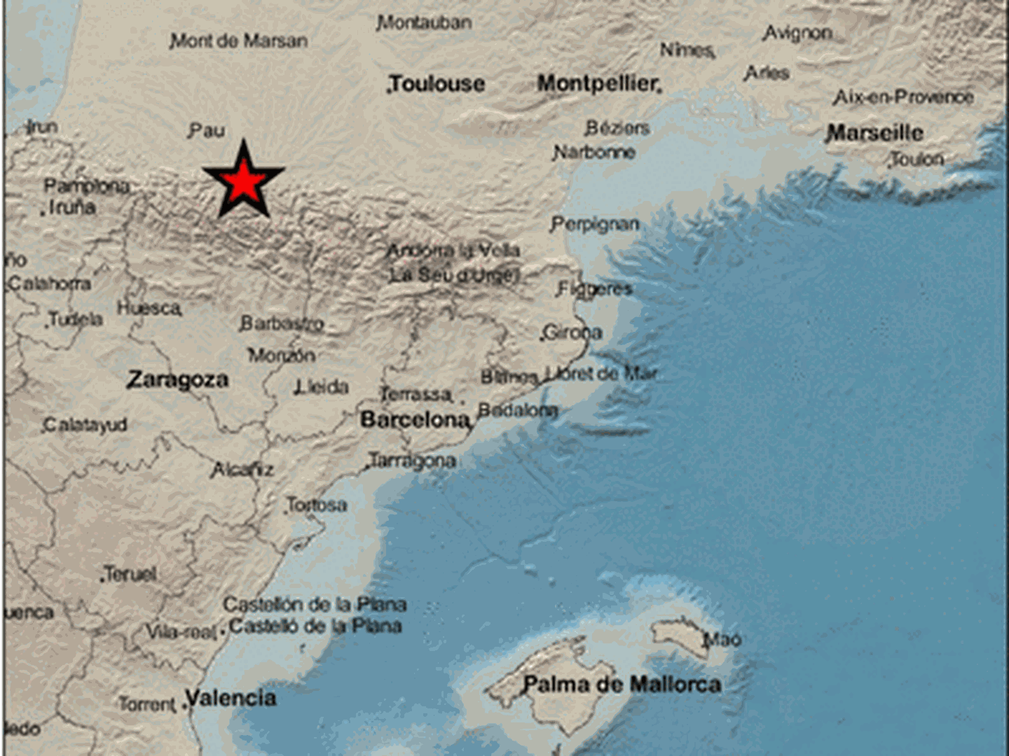 Epicentro del terremoto en las proximidades de Bielsa. (IGN)