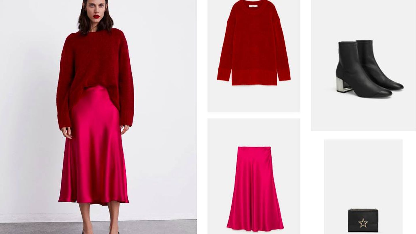 Jersey rojo (15,99 €), falda midi fluida (29,95 €), botines elásticos (29,95 €) y minibolso (39,95 €), todo de Zara.