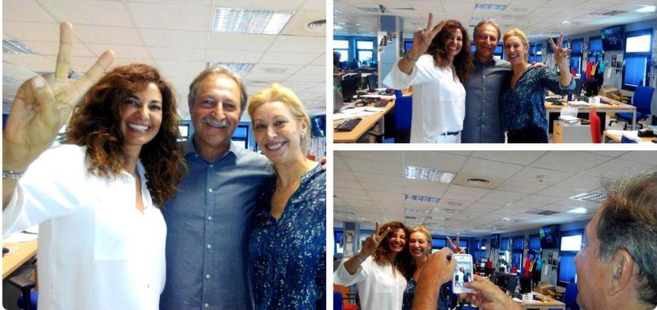 La visita de Mariló a la redacción de 'La mañana' con Paco Lobatón y Teresa Viejo (Twitter)