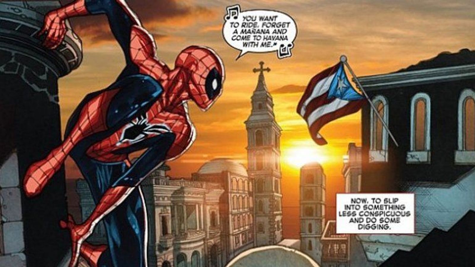 Foto: Spiderman, junto a la bandera de Puerto Rico que debía ser cubana (Marvel)
