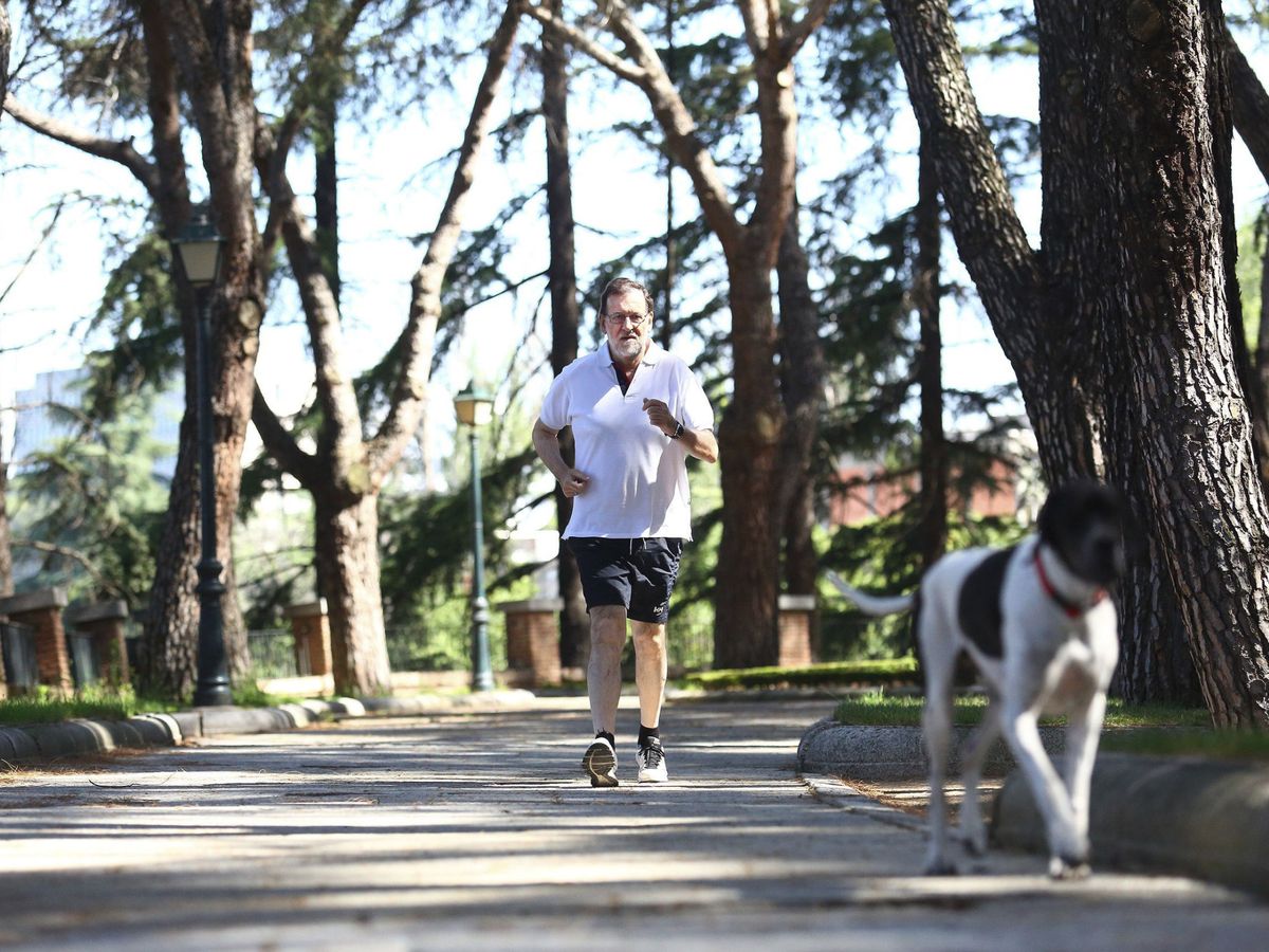 Foto: Mariano Rajoy, durante su caminata matutina en los jardines de la Moncloa cuando era presidente, el 25 de junio de 2016. (EFE)