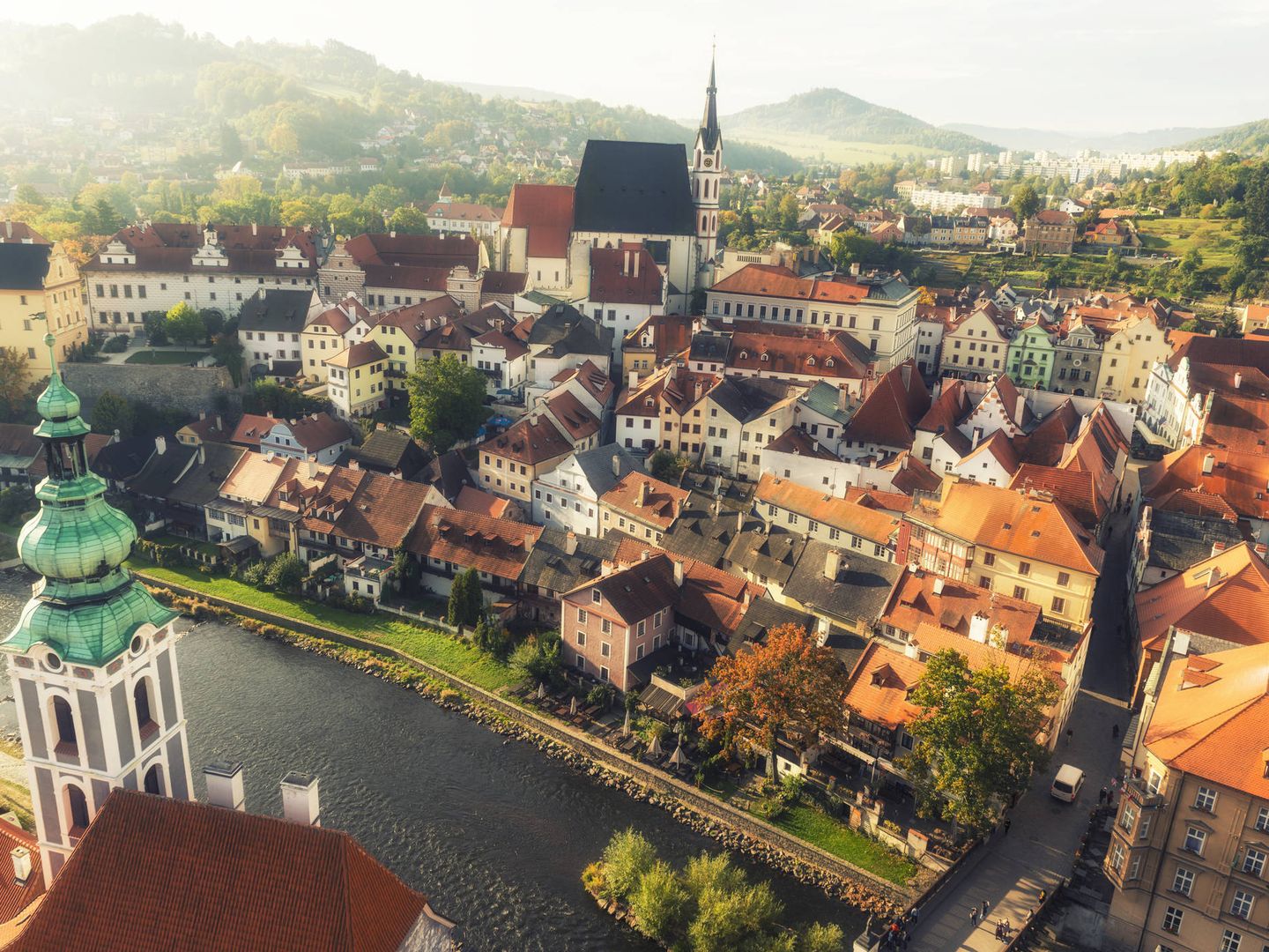 Aerial view on Historic Centre of Český Krumlov at sunrise, situated on the banks of the Vltava river. Czech Republic. UNESCO world heritage site.