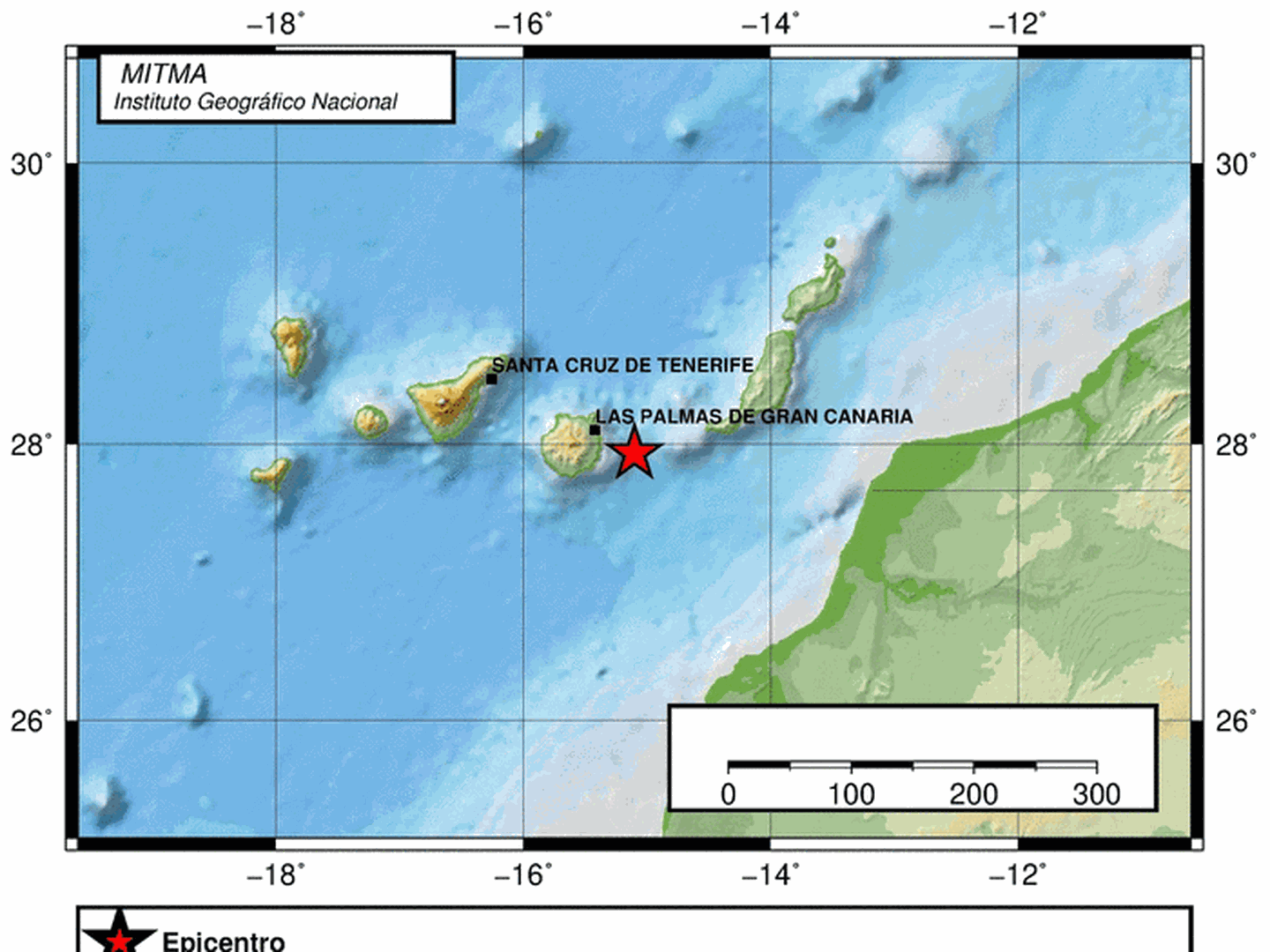 Epicentro del terremoto en las proximidades de Telde. (IGN)