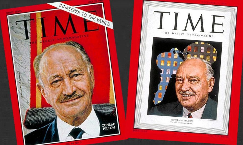 Conrad Hilton en dos portadas de Time, en 1963 y 1949.