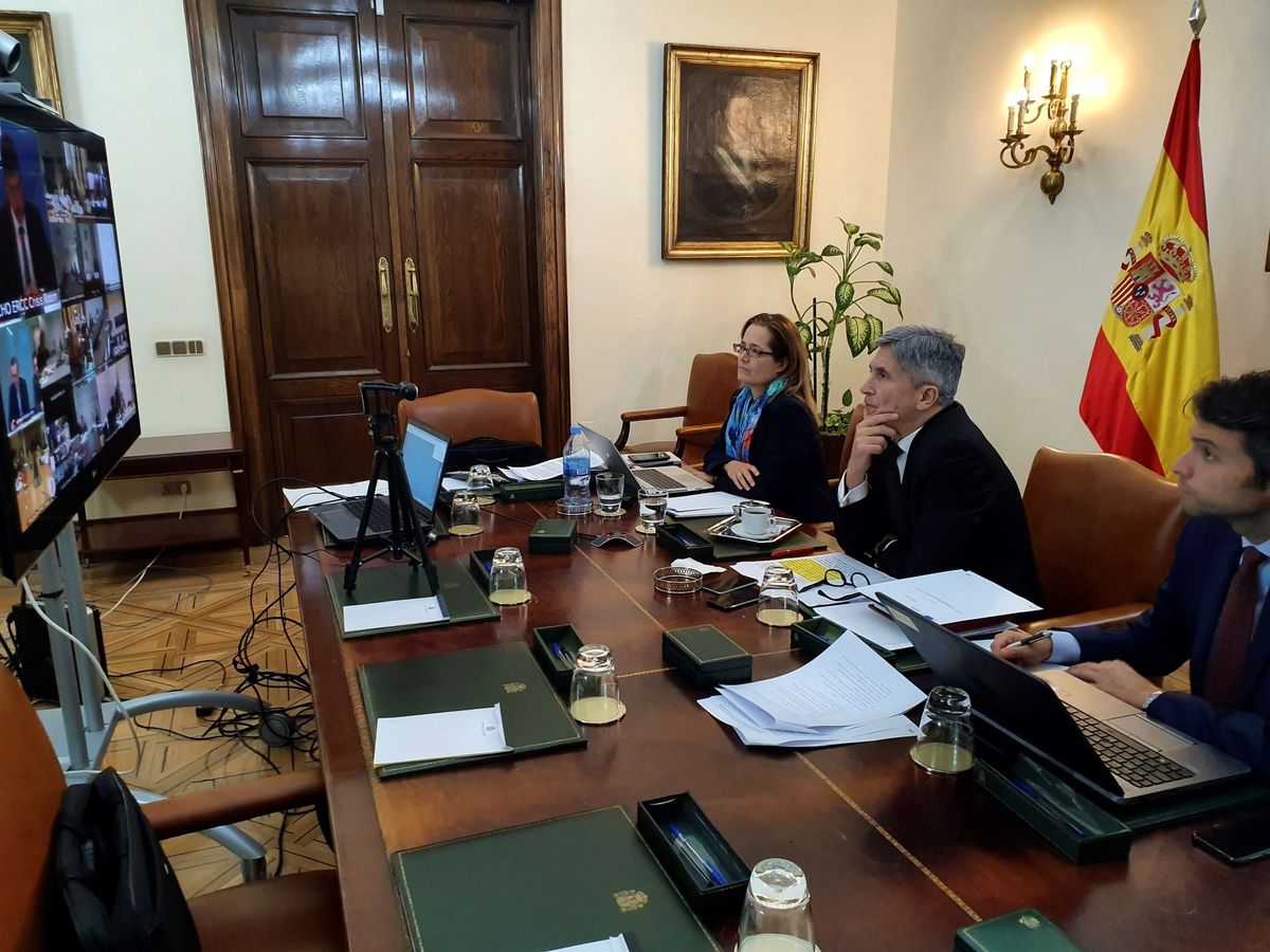 Foto: Fernando Grande-Marlaska, ministro del Interior, en la reunión por videoconferencia de los titulares de Sanidad e Interior de la UE, este lunes. (EFE)