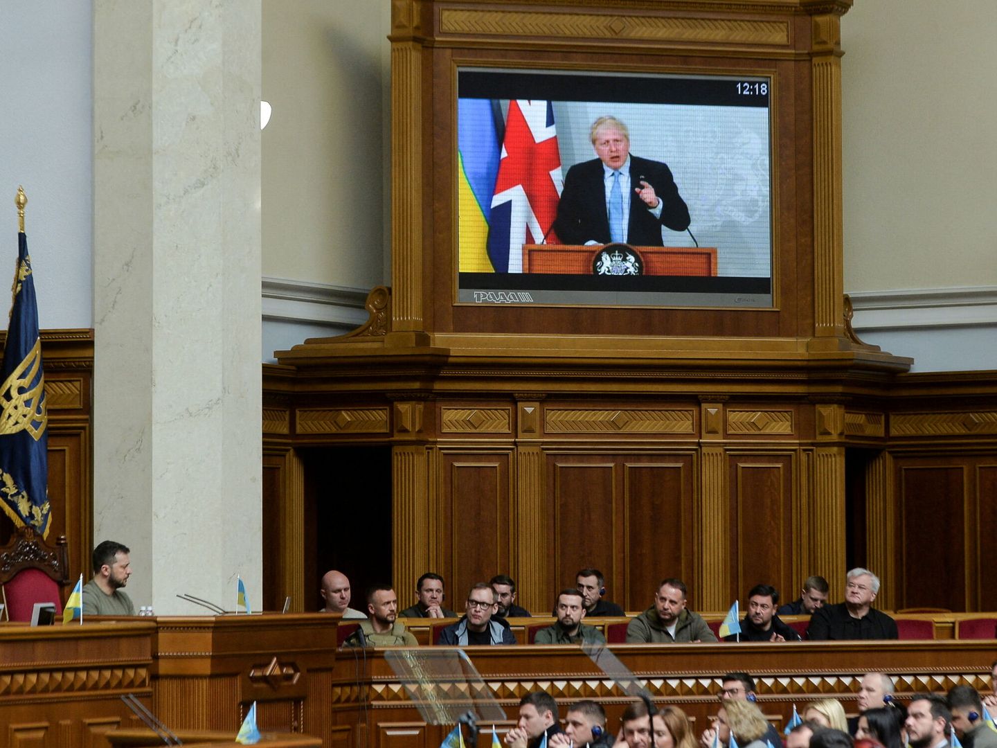 El primer ministro británico, Boris Johnson, ante el Parlamento de Ucrania. (Reuters/ Stringer)